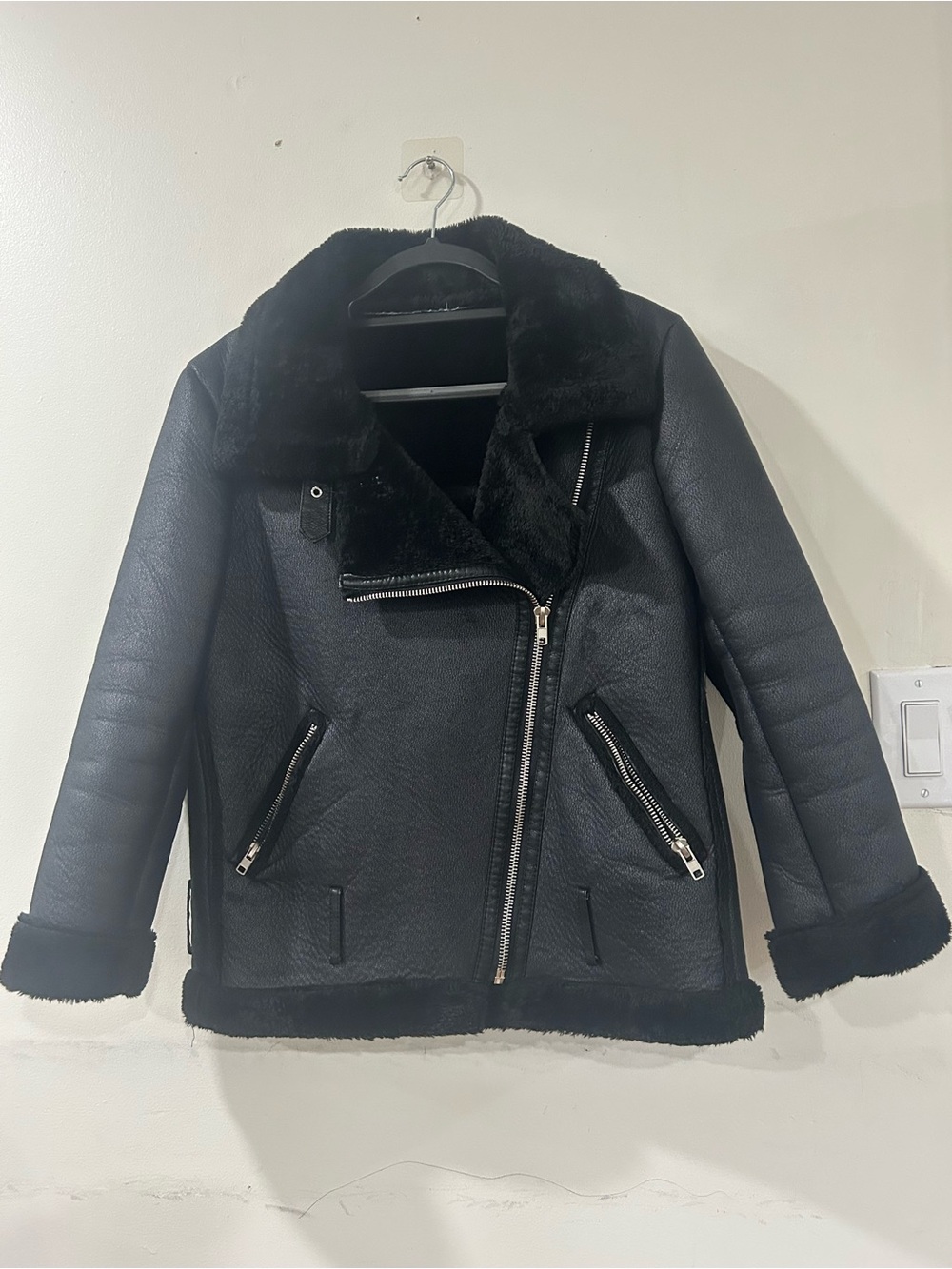 Black Faux Shearling Moto Jacket - Women size S/M